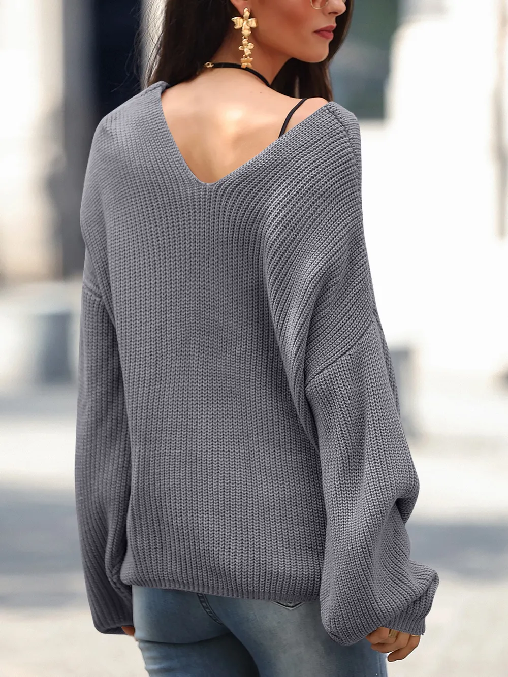 Full Size Lace Up V-Neck Long Sleeve Sweater, image 3