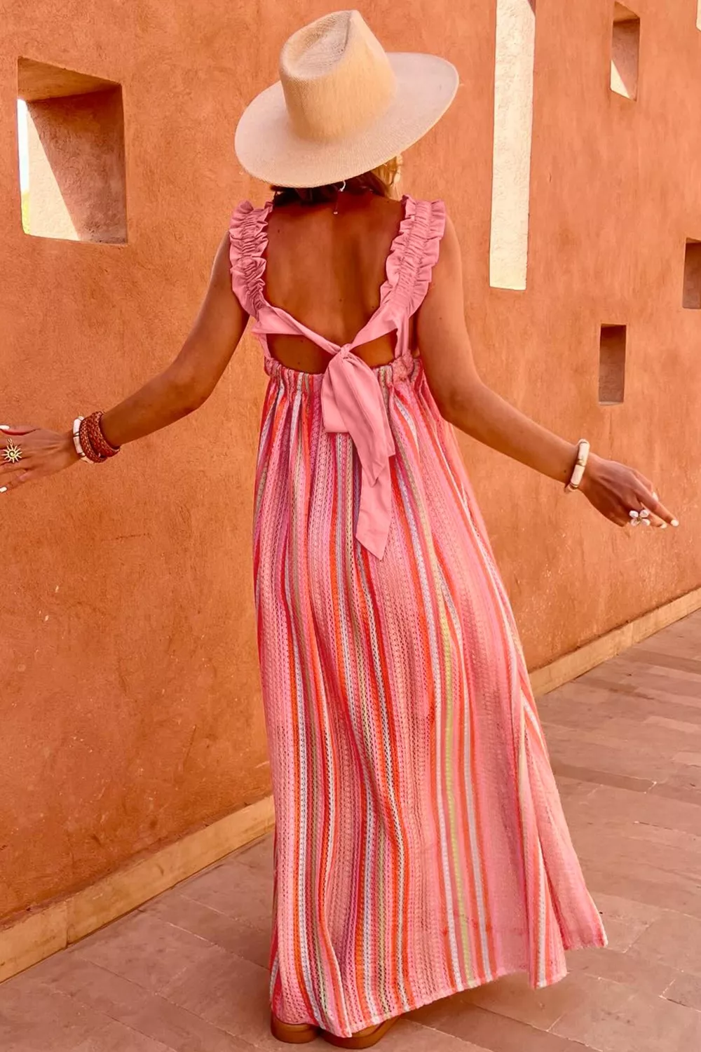 Stripe Ruffled Straps Ribbon Knot Flowy Vacation Maxi Dress, image 2