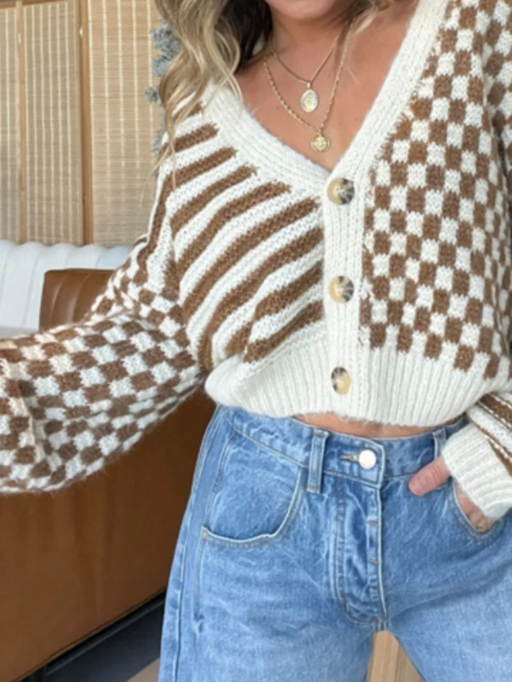 Checkered and Striped Pattern Button-Front Cropped Cardigan, image 2