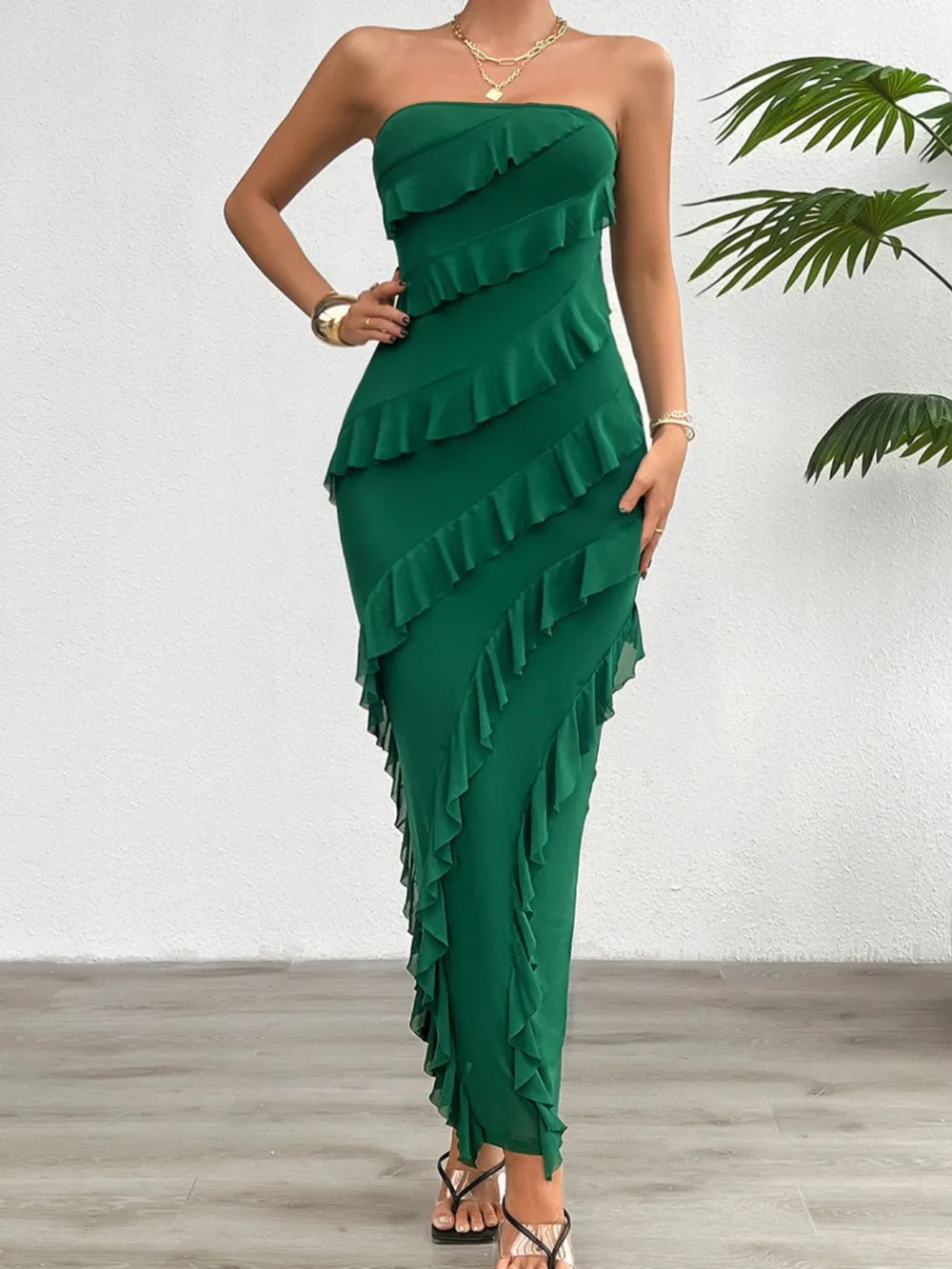 Ruffled Slit Back Tube Maxi Dress, image 7