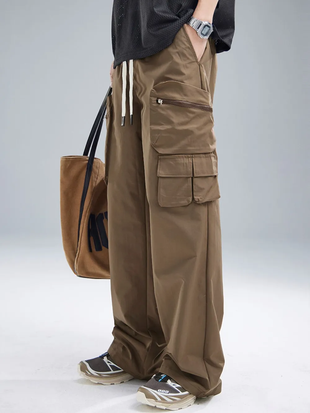 Men's Multi-Pocket Cargo Wide Leg Pants with Drawstring Waist, image 7