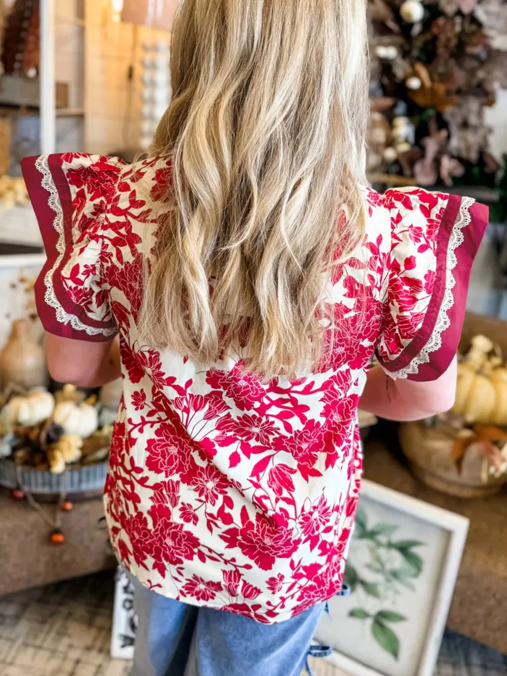 Floral Print Color Block Trim Lace Detail V Neck Flutter Sleeve Blouse, image 3