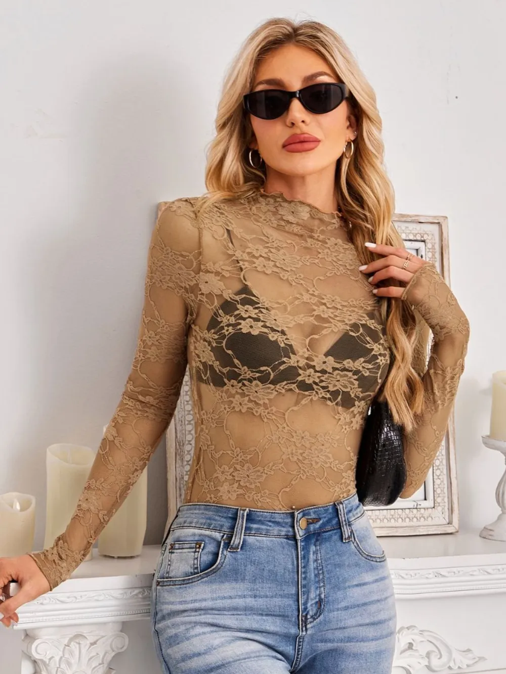 Mock Neck Long Sleeve Lace Sheer Top, image 21