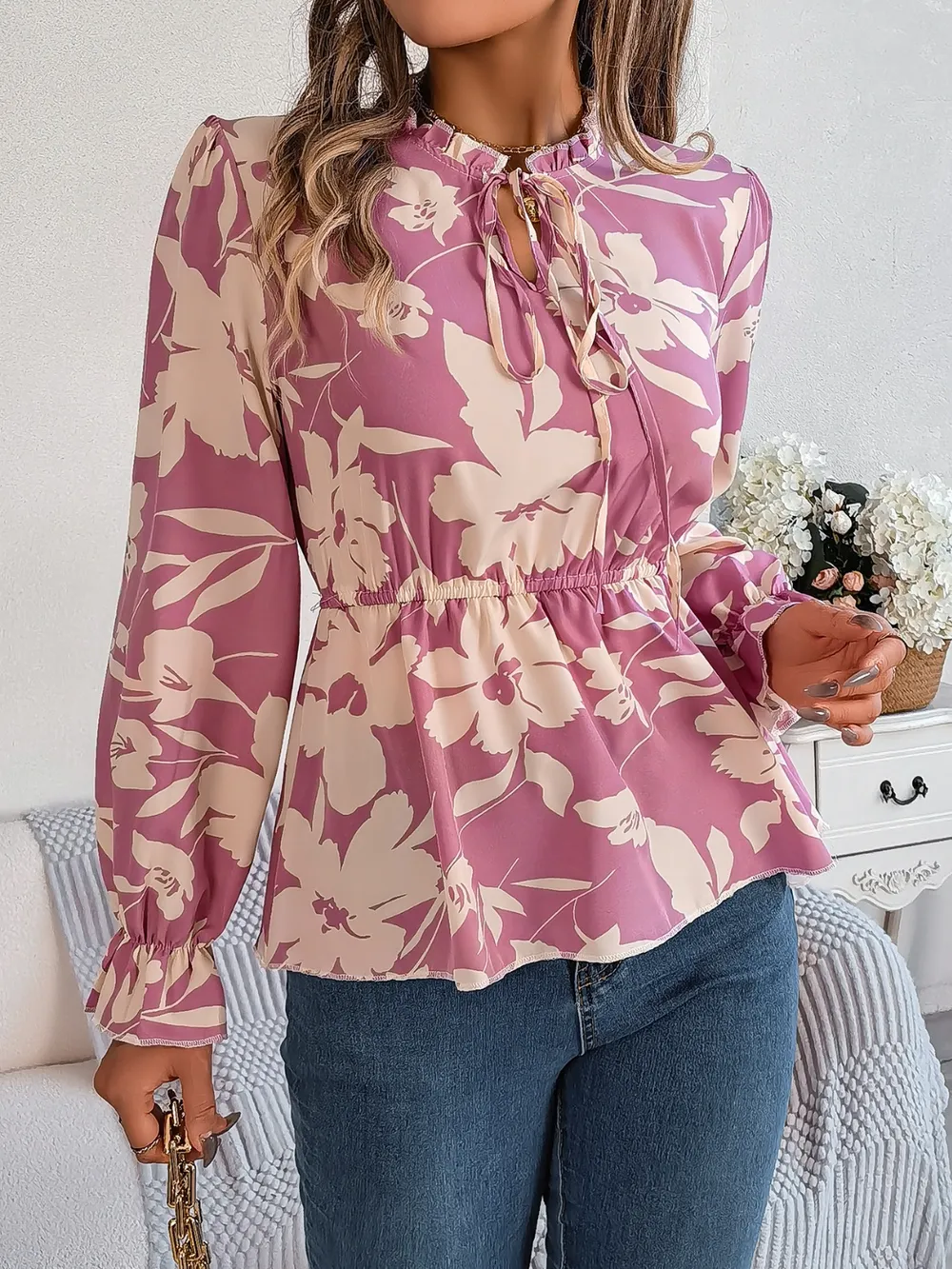Printed Tie Neck Flounce Sleeve Blouse, image 6