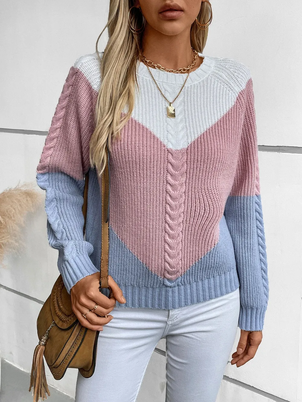Color Block Round Neck Long Sleeve Sweater, image 4