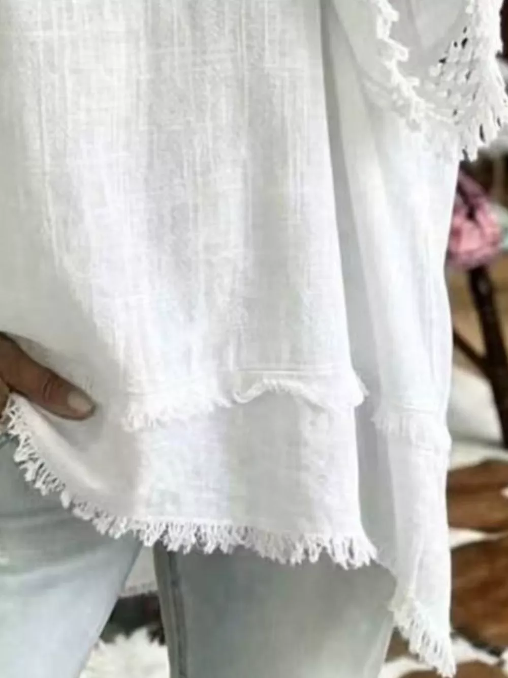 Full Size Fringe Trim V-Neck Loose Fit Blouse Plus Size, image 6