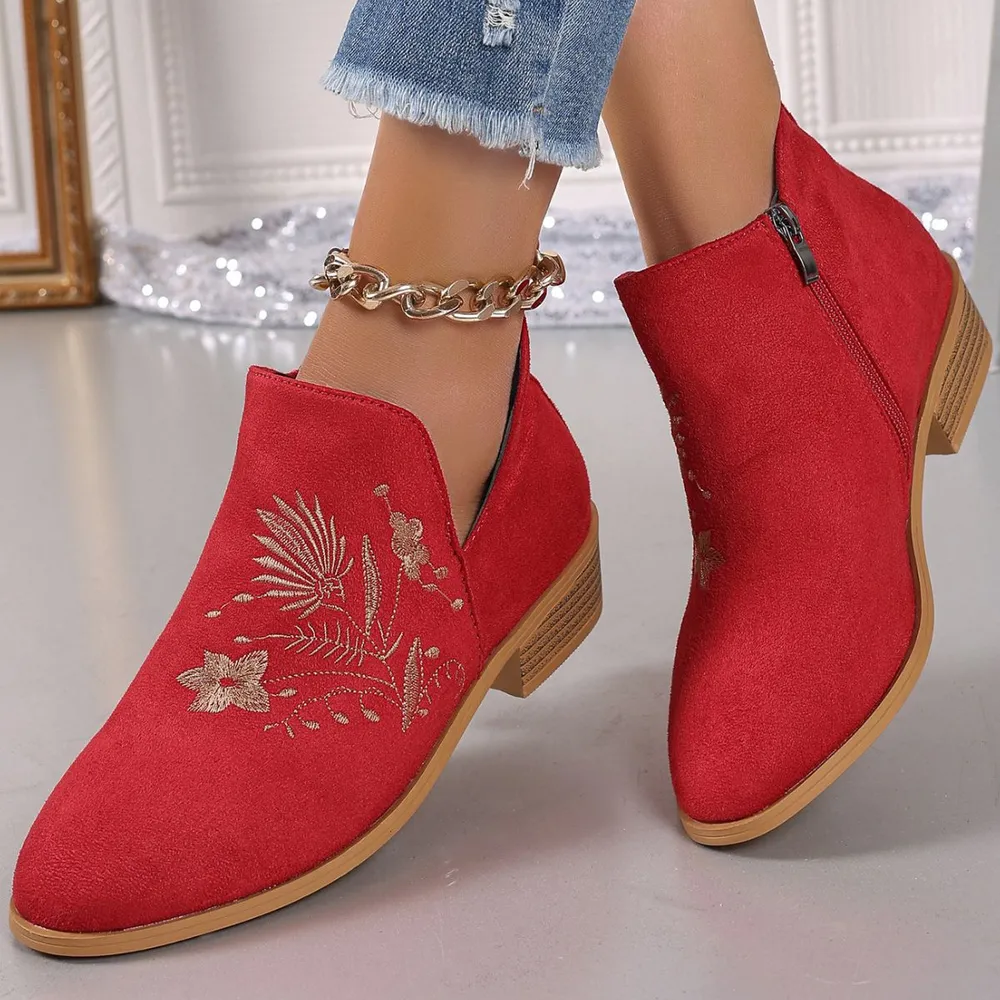 Embroidered Suede Point Toe Block Heel Boots, image 6