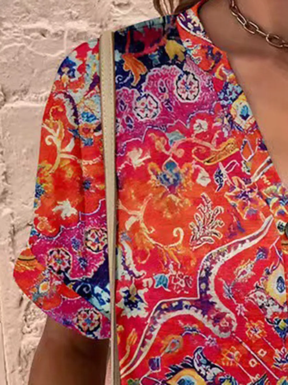 Full Size Printed Notched Short Sleeve Blouse, image 11