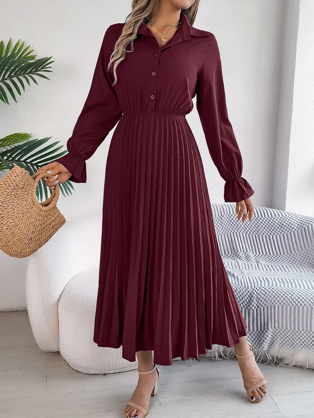 Pleated Half Button Long Sleeve Midi Dress, image 19