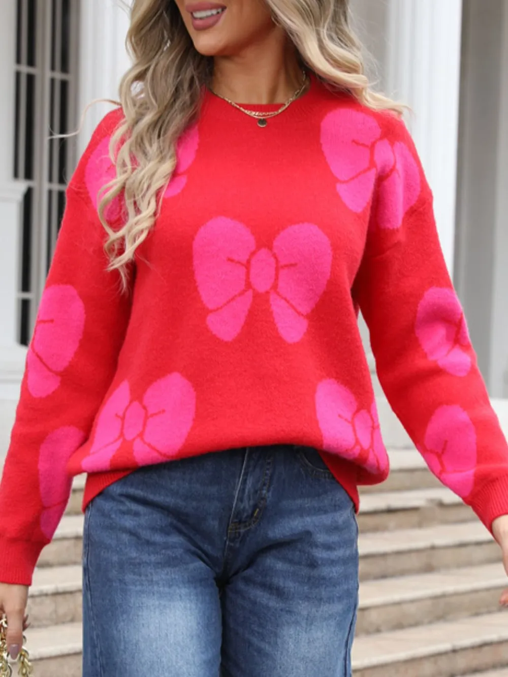 Bow Round Neck Dropped Shoulder Sweater, image 7