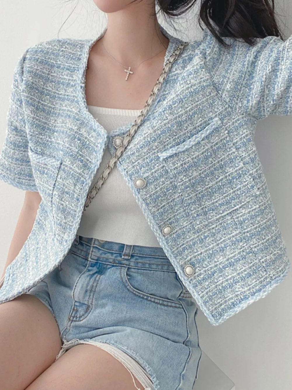 Pearl Button Short Sleeve Tweed Outerwear, image 3