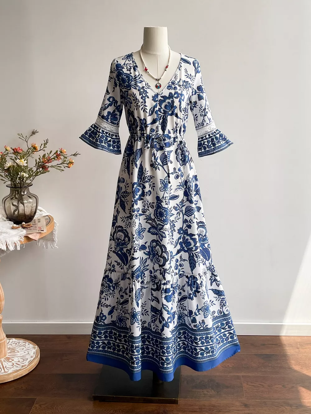 Floral Print V-Neck Flounce Sleeve Dress, image 4