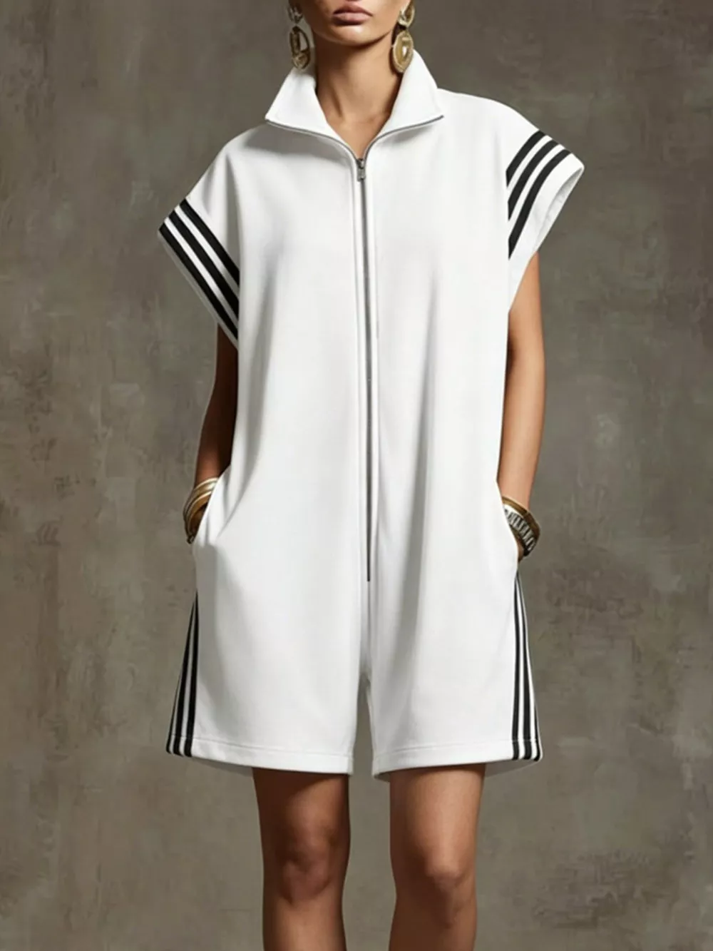Striped Zip Front Short Sleeve Romper, image 10
