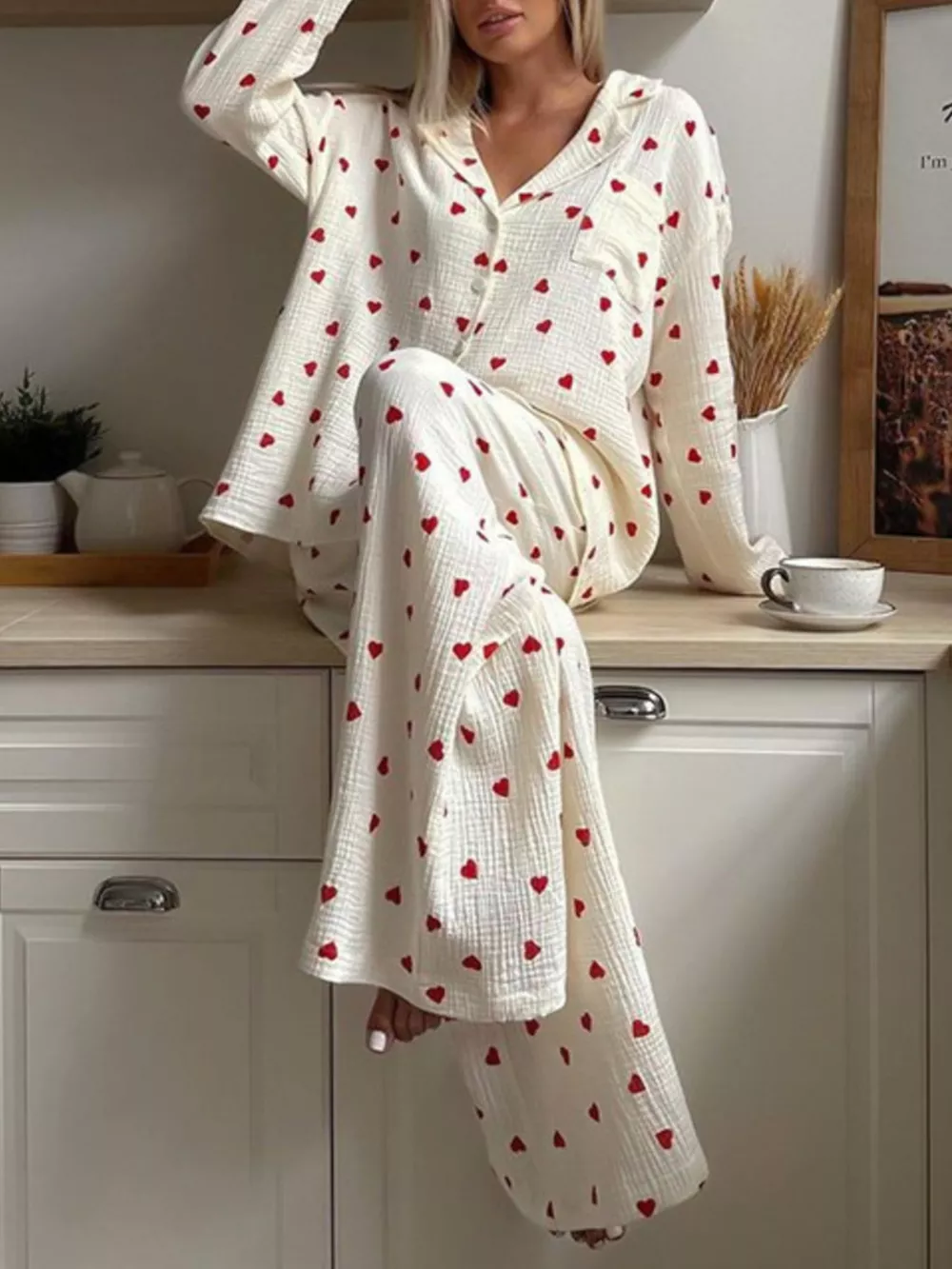 Heart Print Long Sleeve Top and Pants Lounge Set, image 3