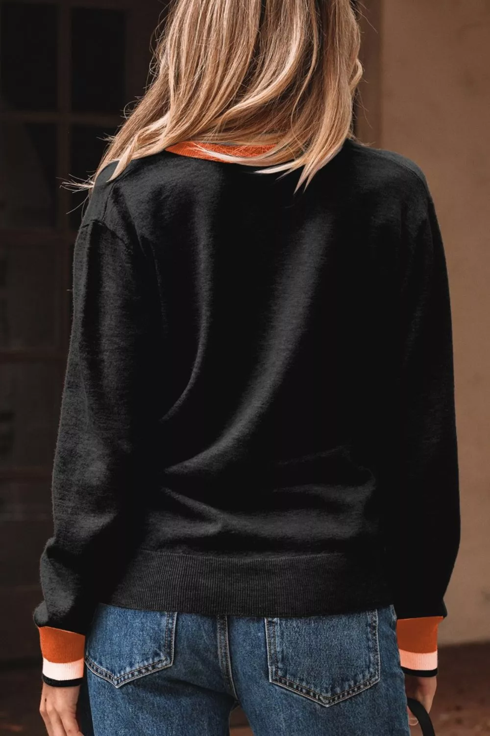 Contrast Striped Trim V Neck Varsity Sweater, image 7