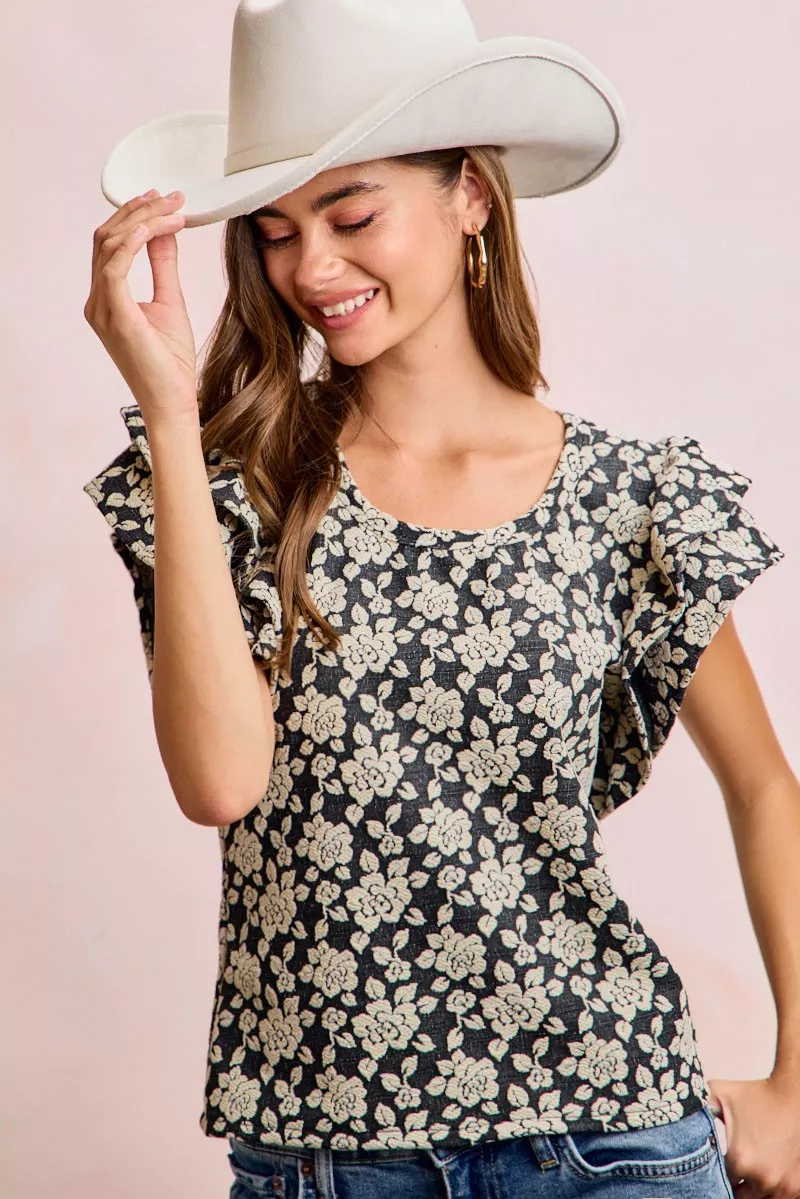 BiBi Floral Jacquard Ruffle Sleeves Knit Top, image 7
