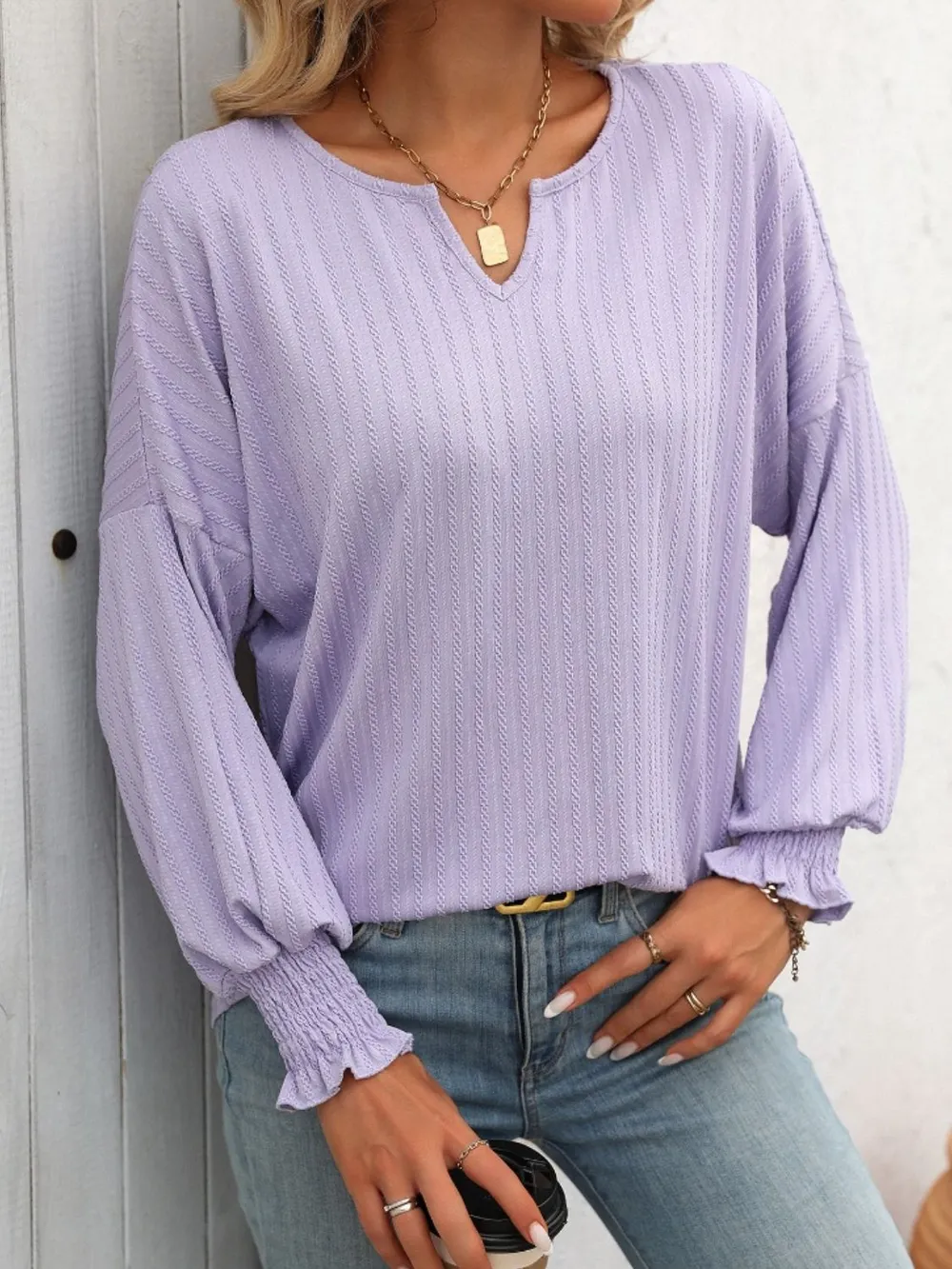 Textured Notched Lantern Sleeve T-Shirt, image 17