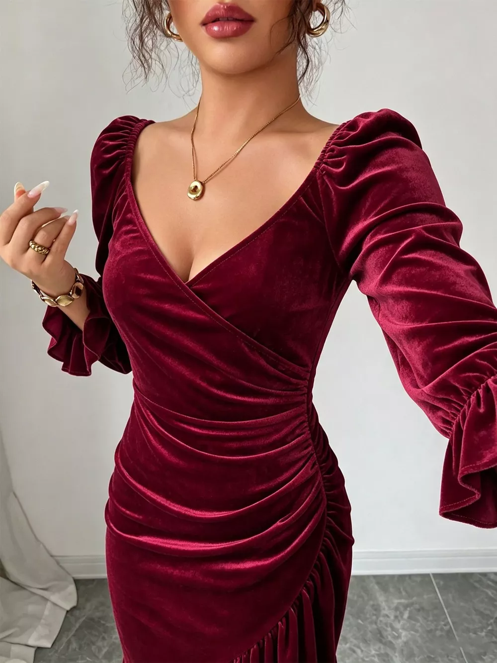 Velvet Ruched Ruffle Hem Midi Dress, image 2