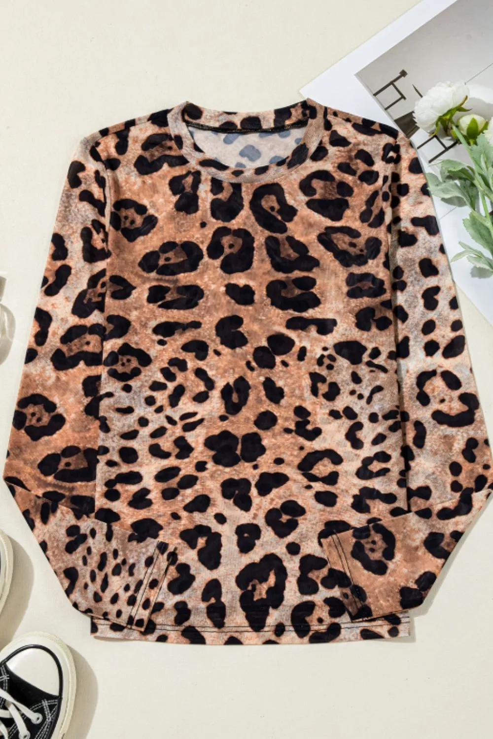 Leopard Round Neck Long Sleeve Blouse, image 10