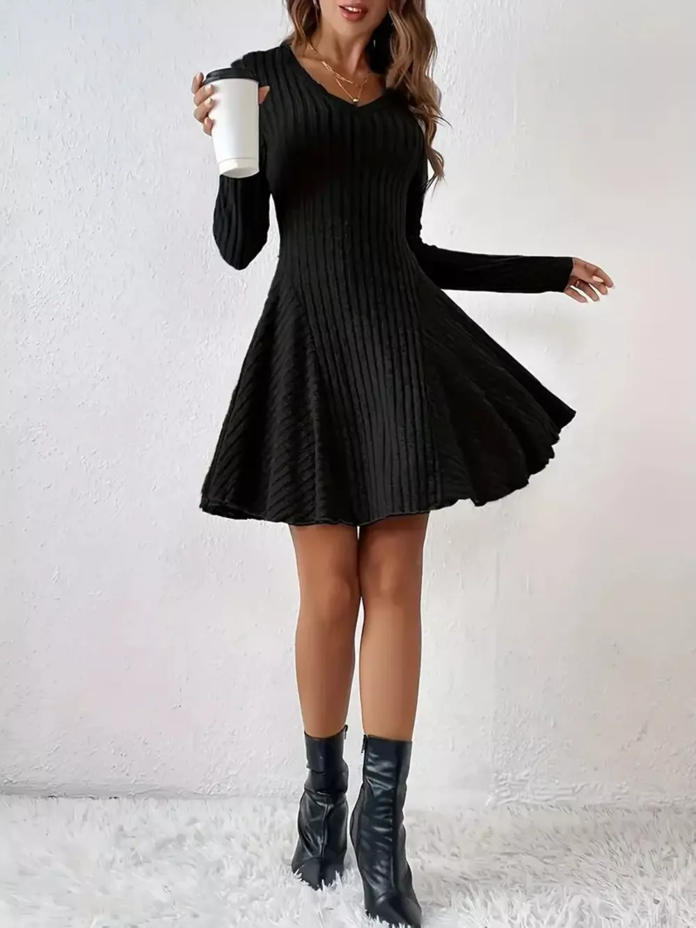 Ribbed Knit Long Sleeve A-Line Dress, image 4
