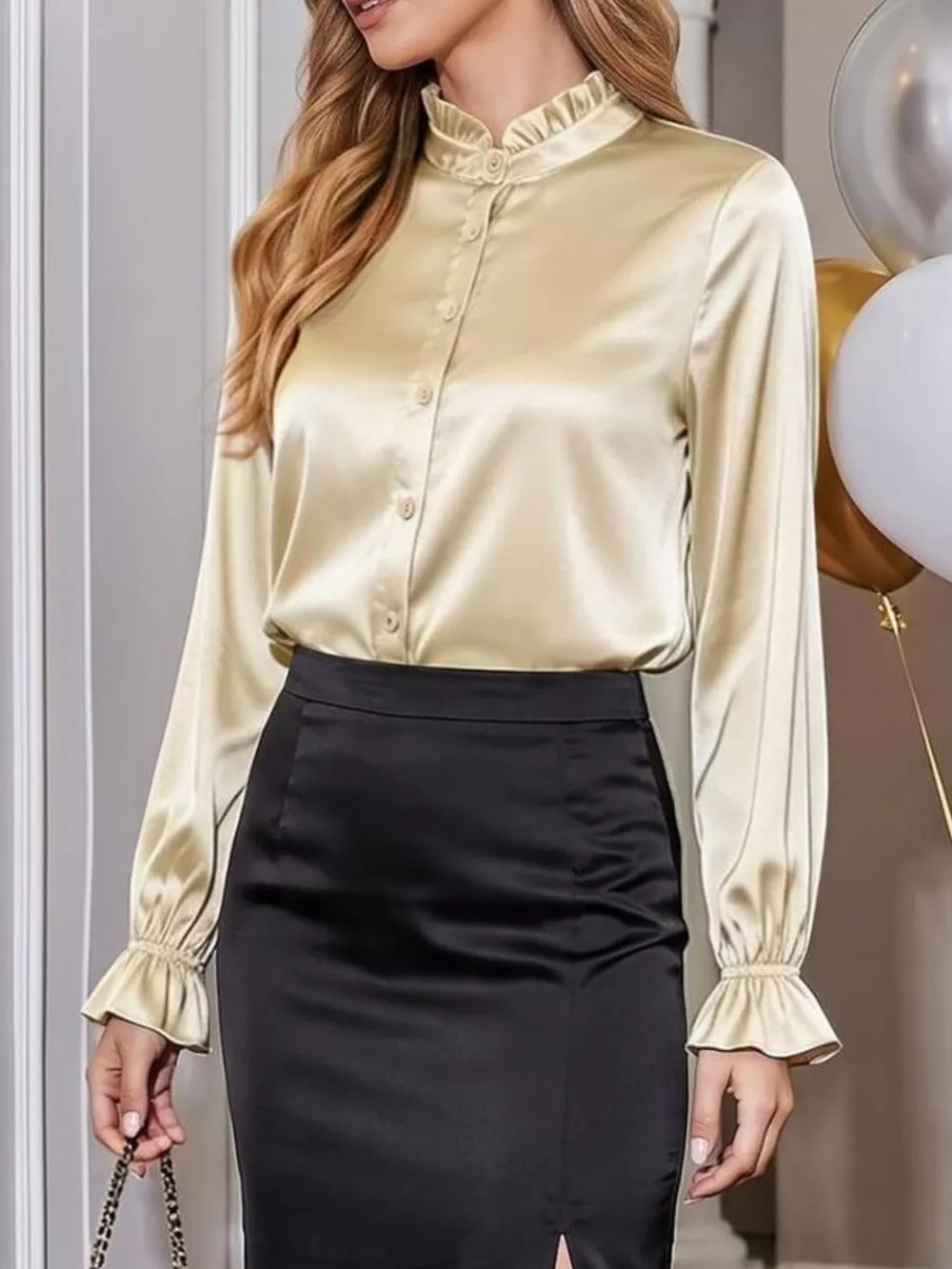 Elegant Button Down Ruffle Trim Satin Shirt, image 5