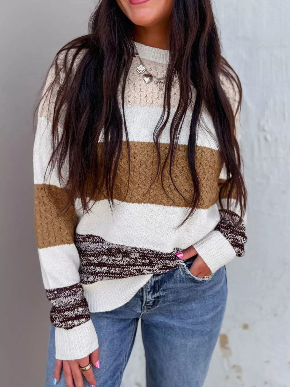 Mixed Texture Knit Striped Color Block Loose Sweater, image 4