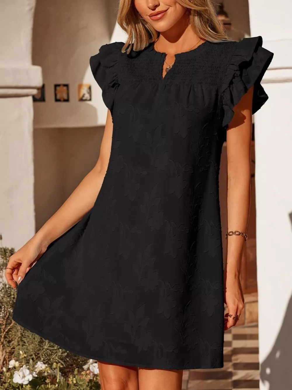 Floral Embossed Ruffle Sleeve Mini Dress, image 10