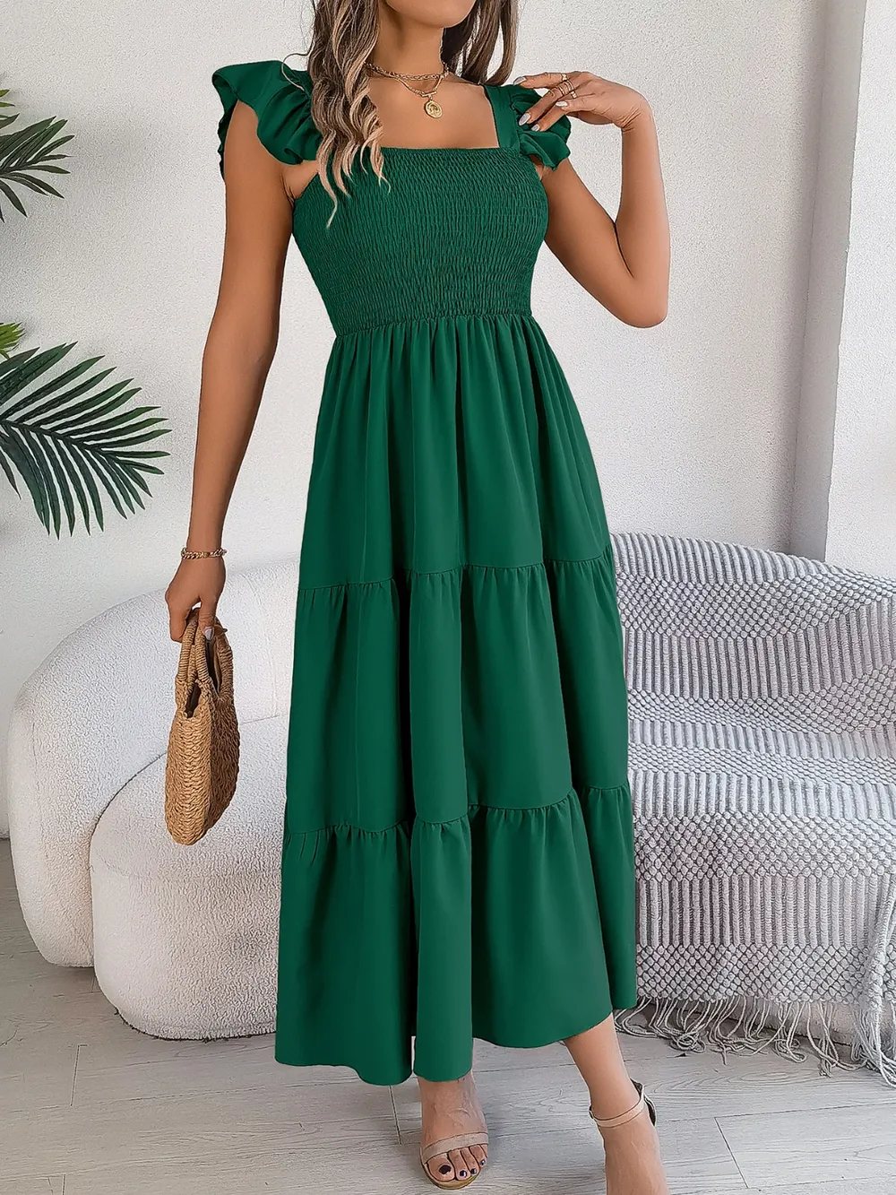Smocked Square Neck Cap Sleeve Midi Dress, image 23