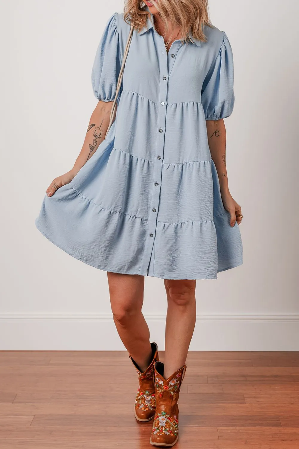 Button Up Puff Sleeve Tiered Shirt Dress, image 8