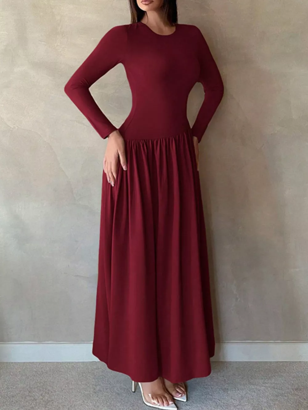 Long Sleeve Ruched A-Line Maxi Dress, image 10