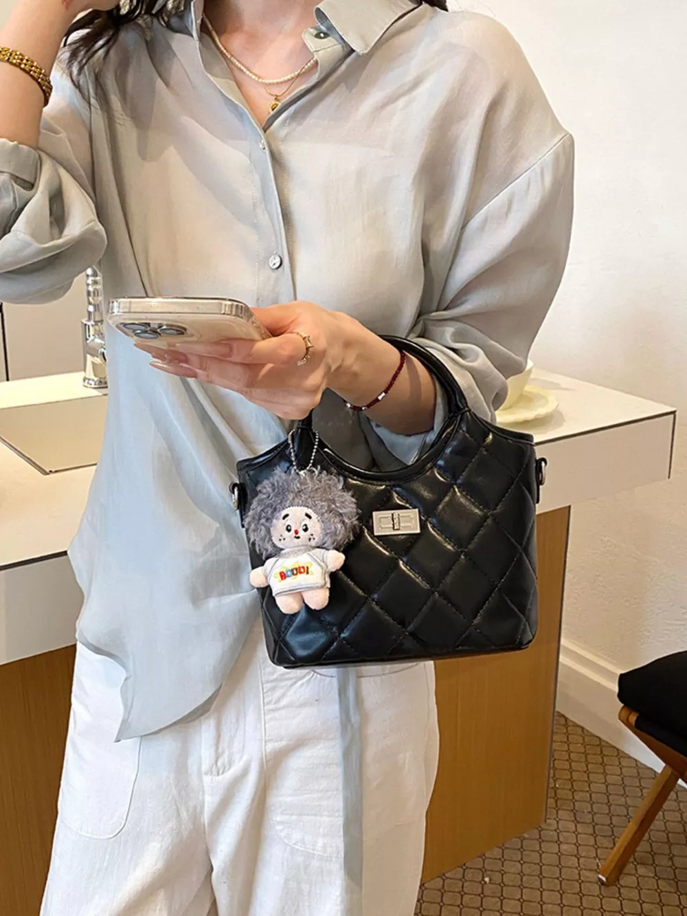 Quilted Crossbody Bag with Plush Charm, image 2