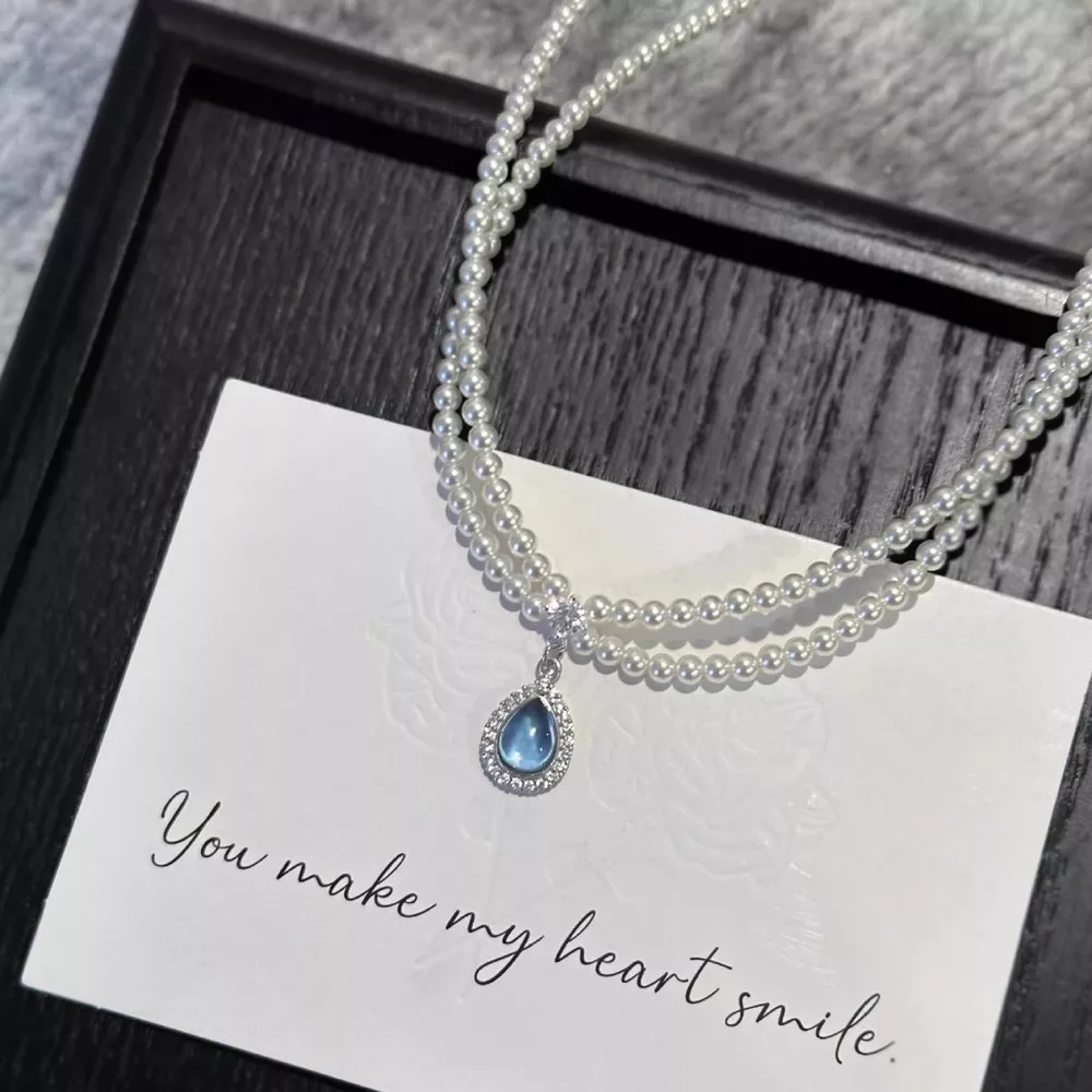 Double Layered Pearl Necklace with Teardrop Pendant, image 2