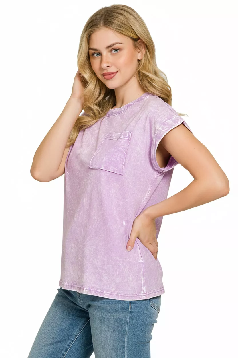 Full Size Crinkle Washed Round Neck Folded Short Sleeve Tee Plus Size, image 2