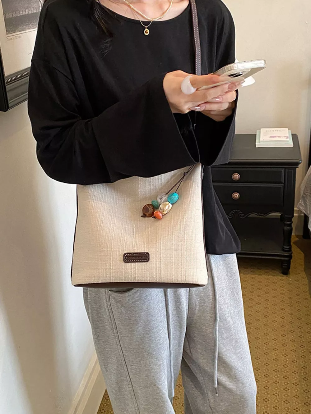 Casual Shoulder Bag with Decorative Charm, image 4
