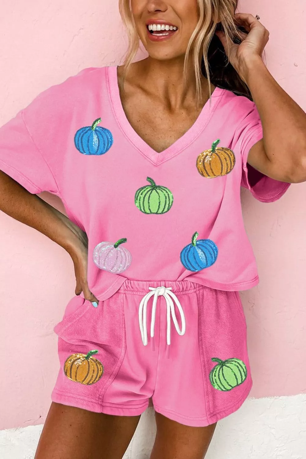Sequin Halloween Pumpkin Pattern V Neck Tee and Drawstring Bottoms Casual Set, image 3