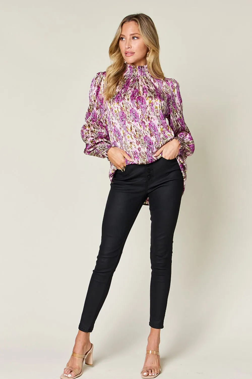 Full Size Printed Smocked Long Sleeve Blouse, image 26