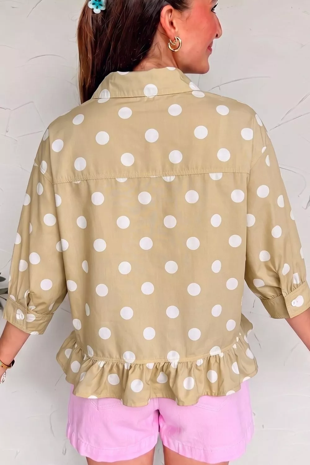 Polka Dot Print Three‑Quarter‑Sleeve Ruffle Hem Casual Shirt, image 11