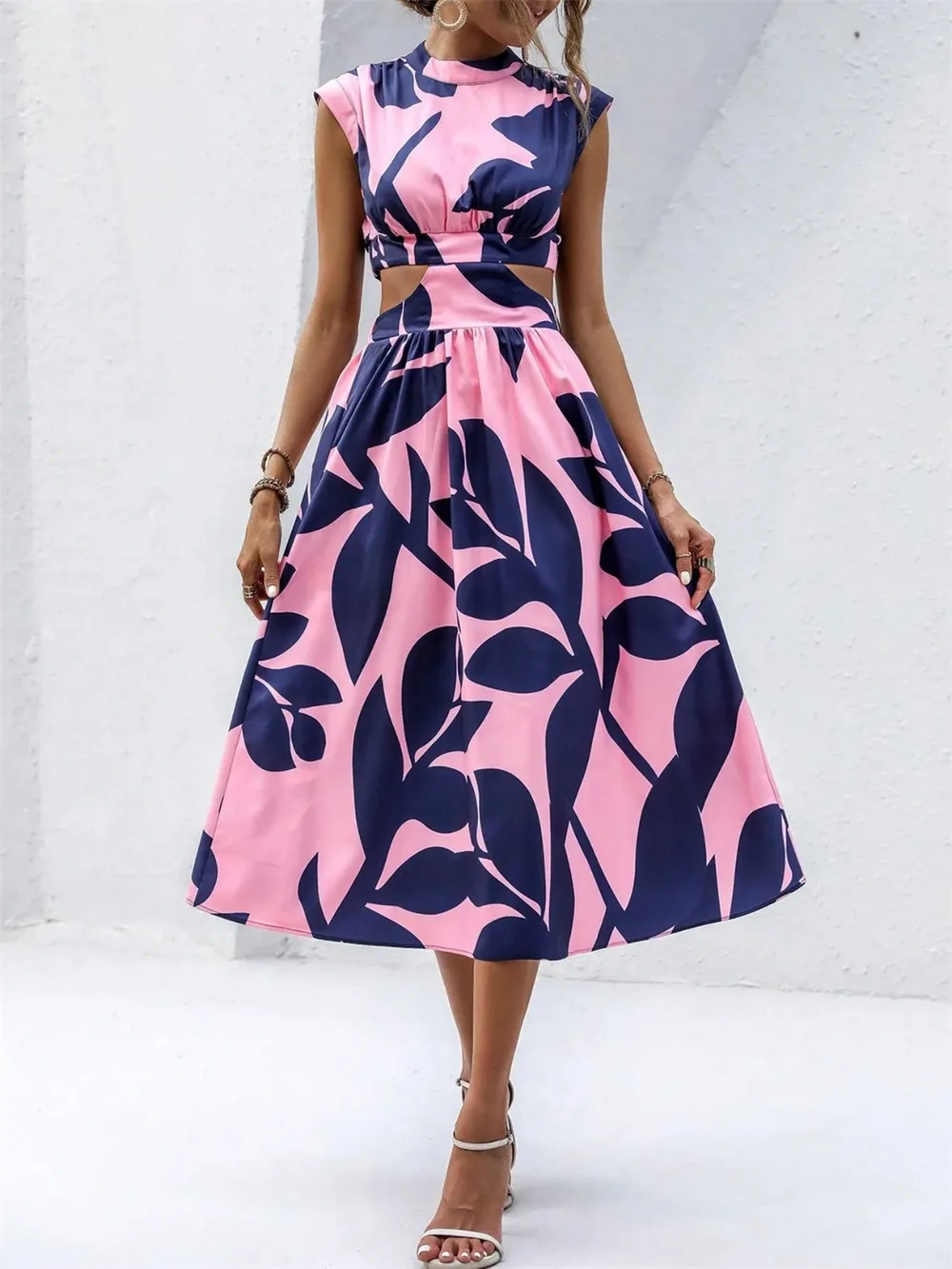 Cutout Printed Cap Sleeve Midi Dress, image 18