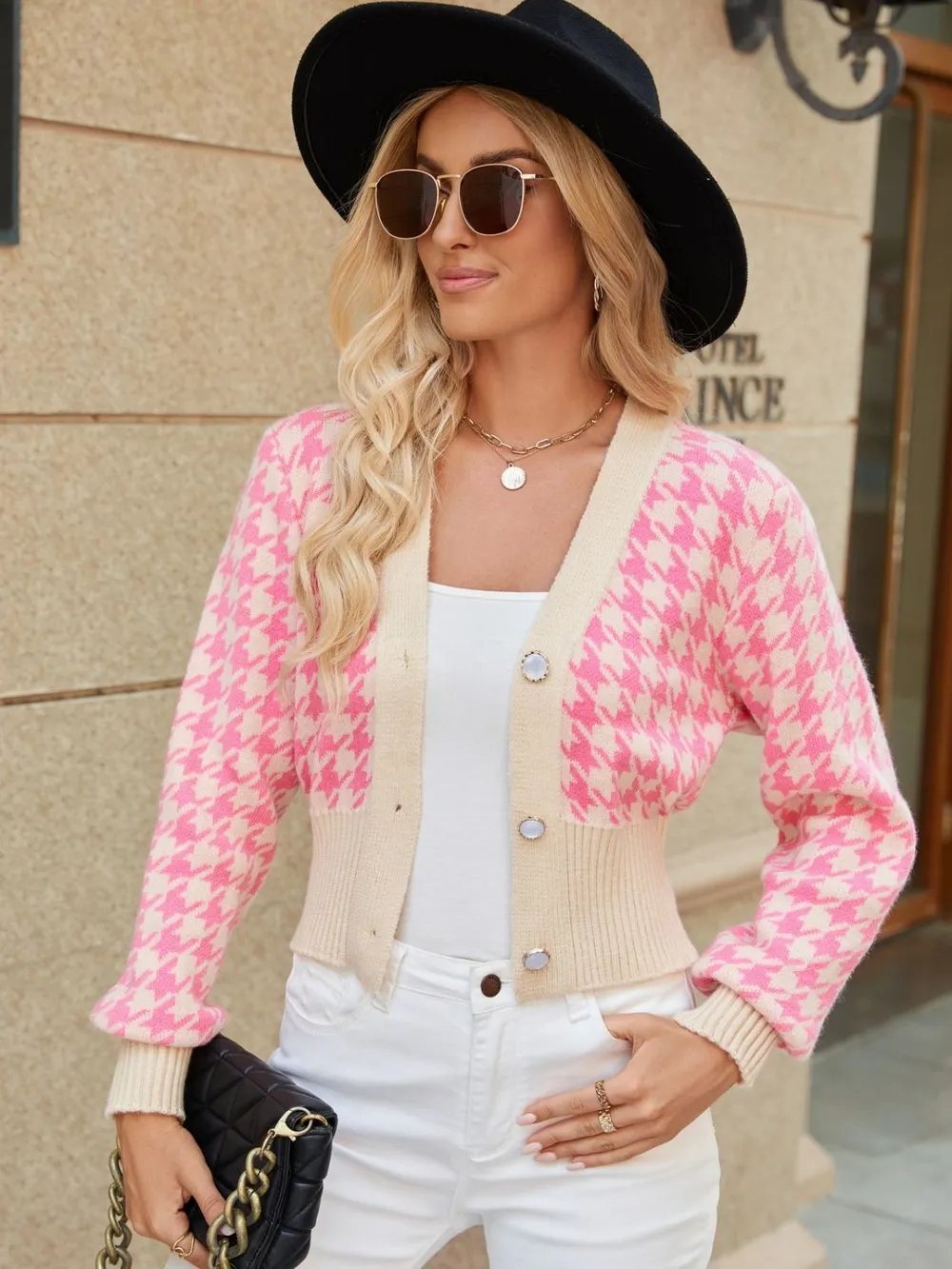 Houndstooth Button Up Long Sleeve Cardigan, image 8
