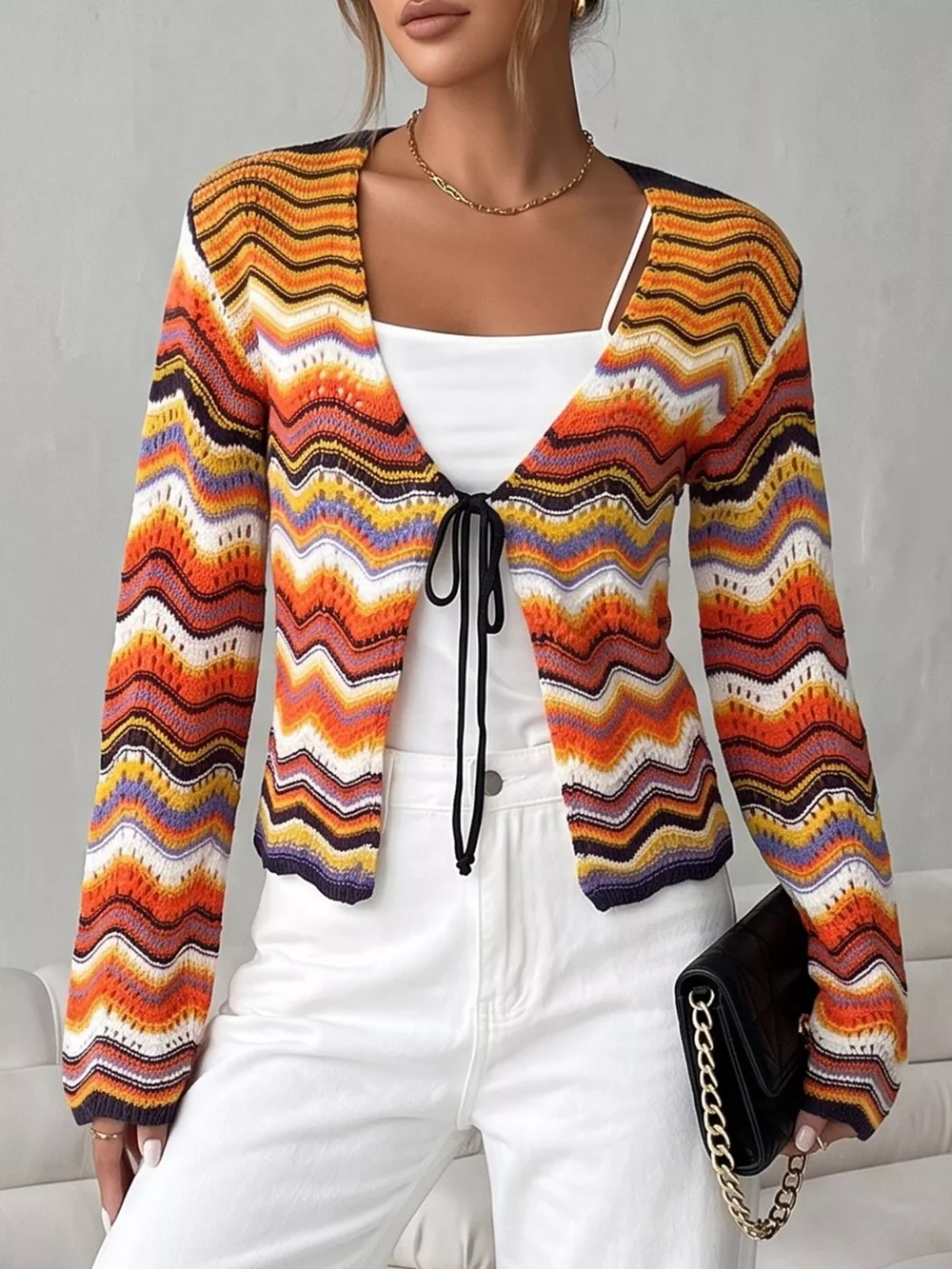 Vibrant Chevron Striped Tie-Front Knit Cardigan, image 5