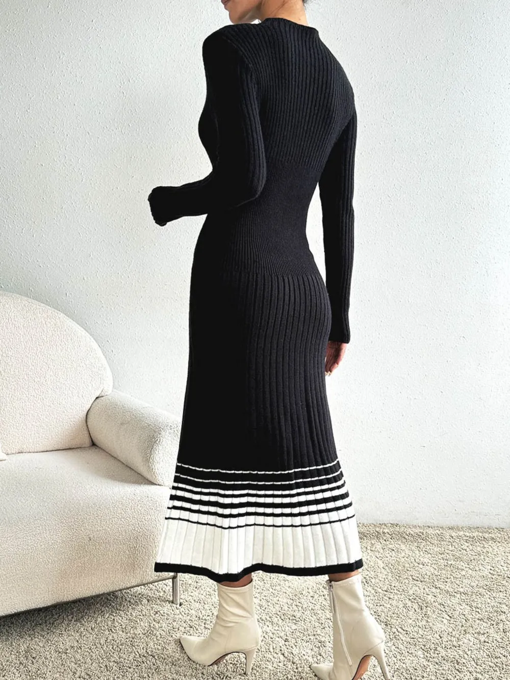 Contrast Mock Neck Long Sleeve Sweater Dress, image 2