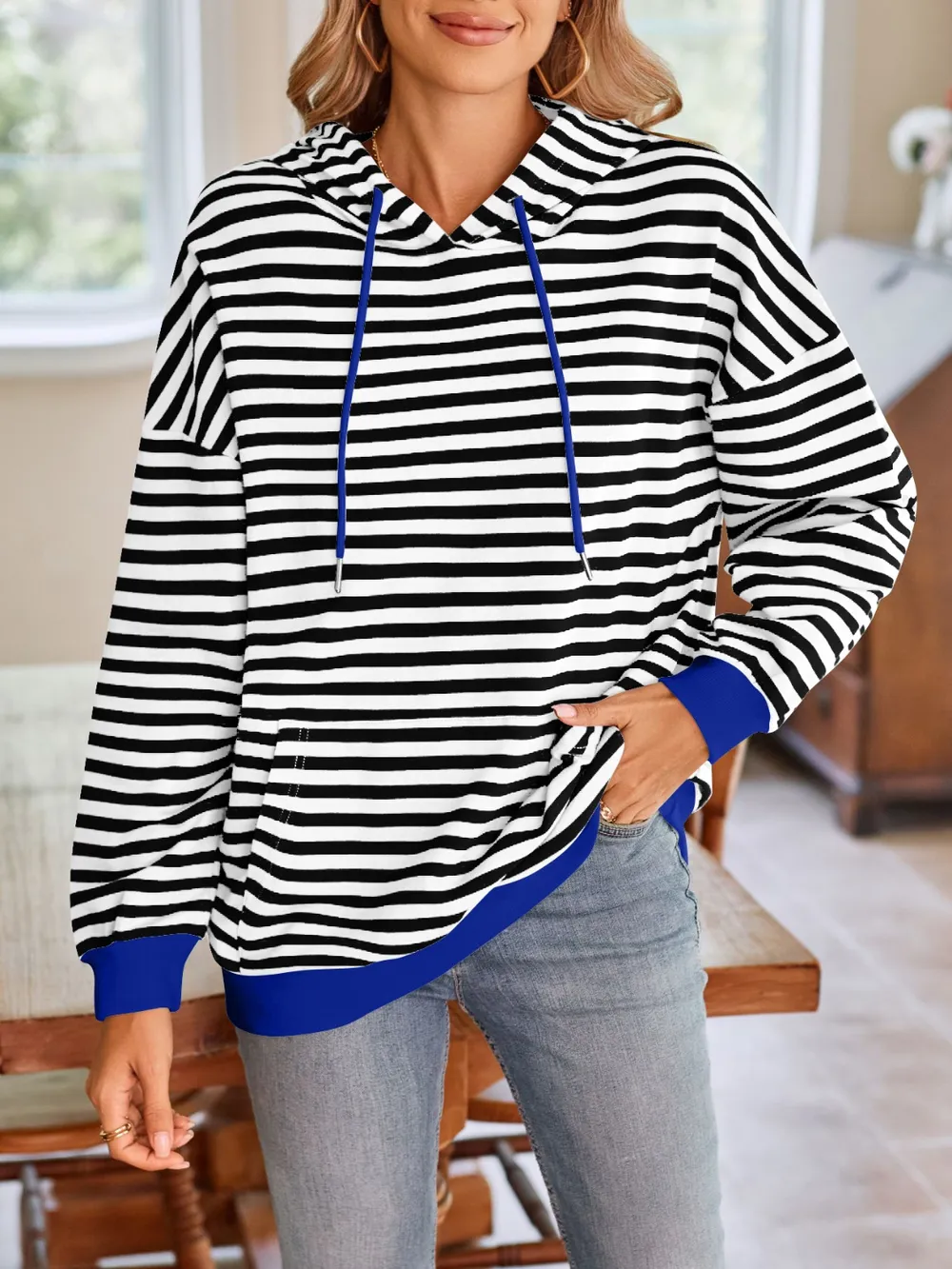 Drawstring Striped Long Sleeve Hoodie, image 16