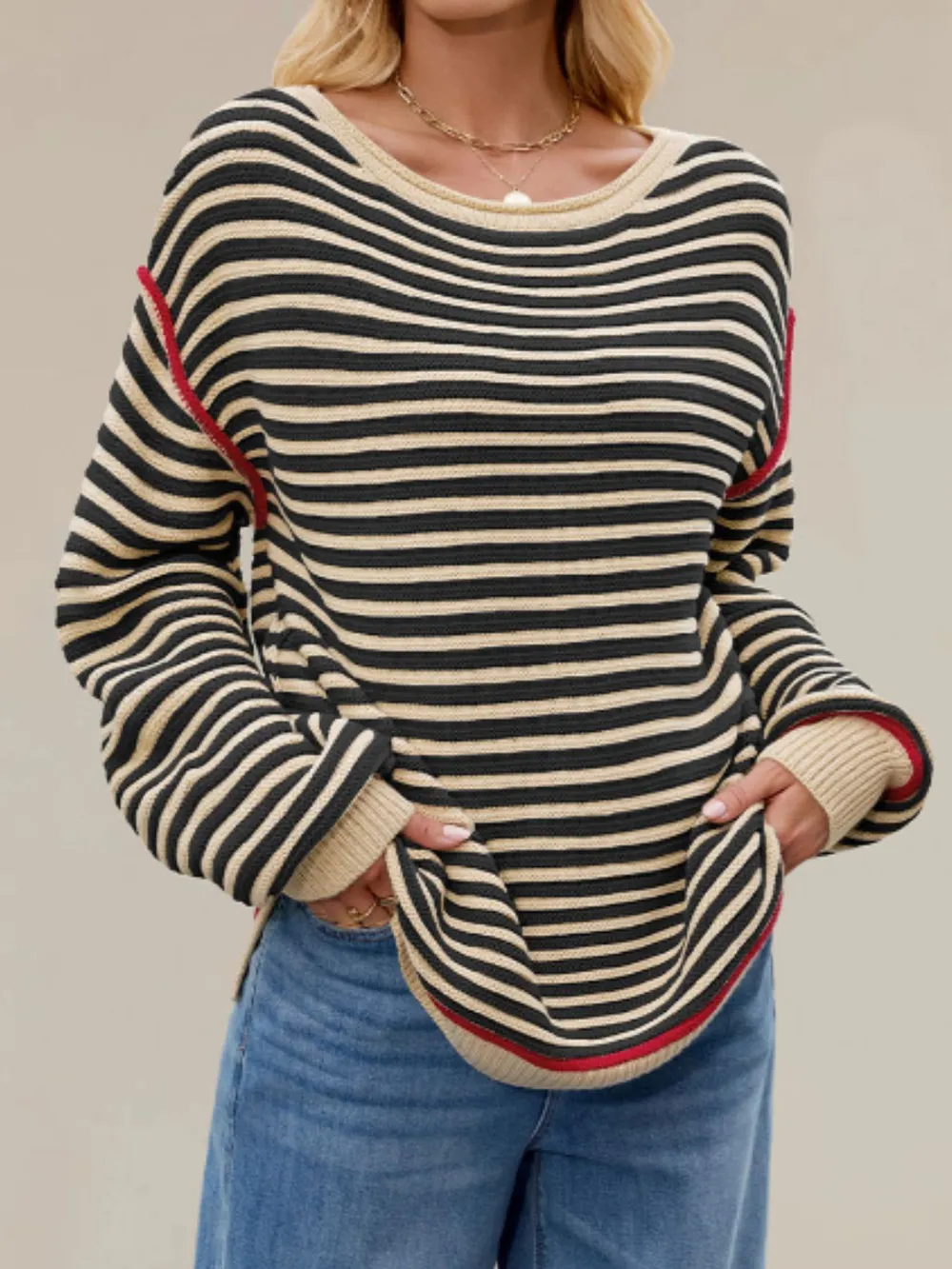 Slit Striped Oversized Sweater, image 7
