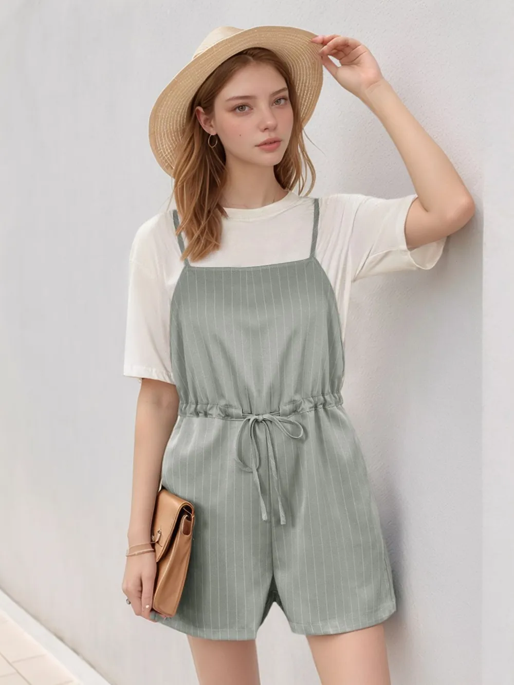 Drawstring Waist Striped Overalls with Pockets