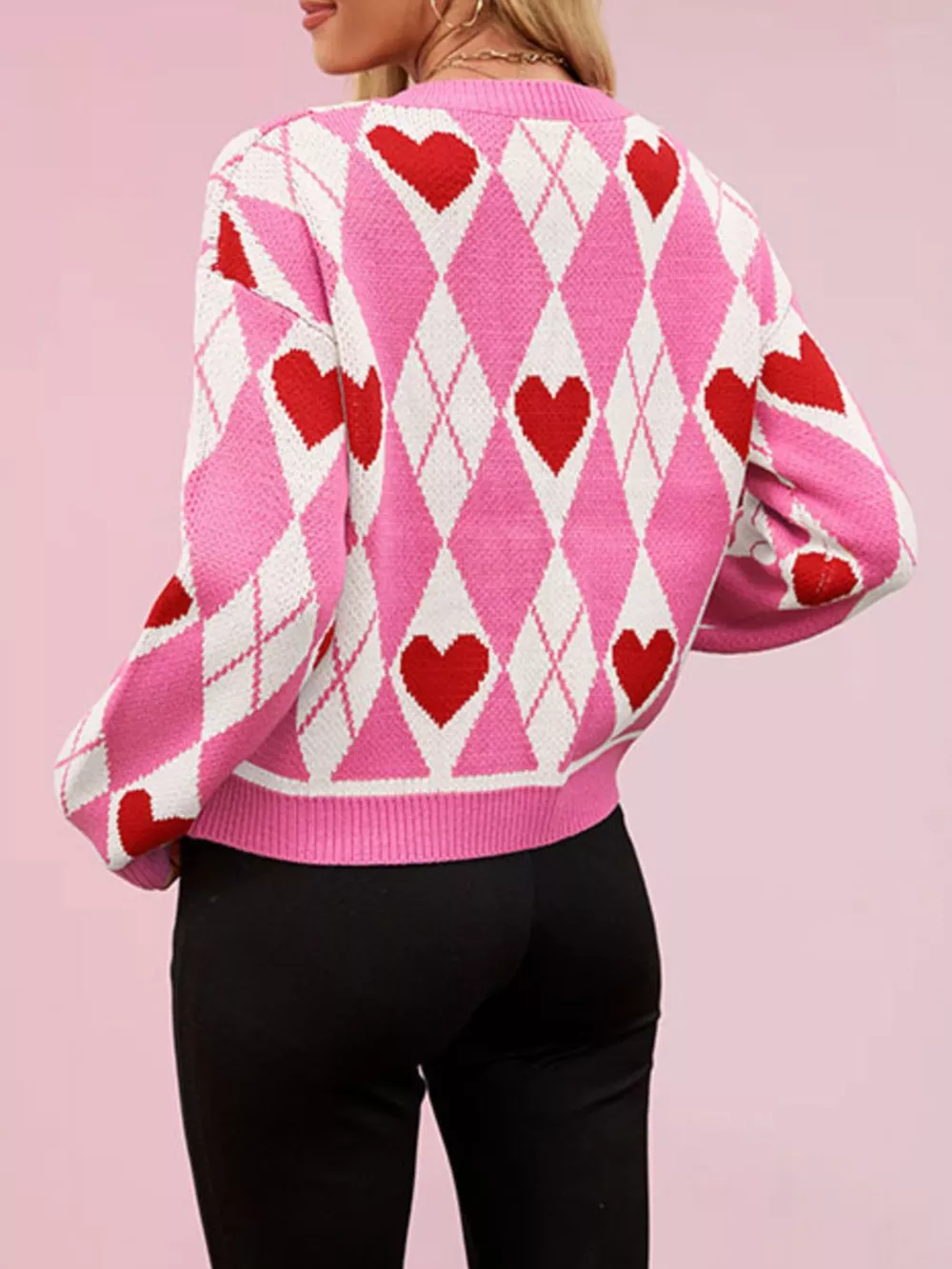Argyle Heart Pattern Button-Up Knit Cardigan, image 5