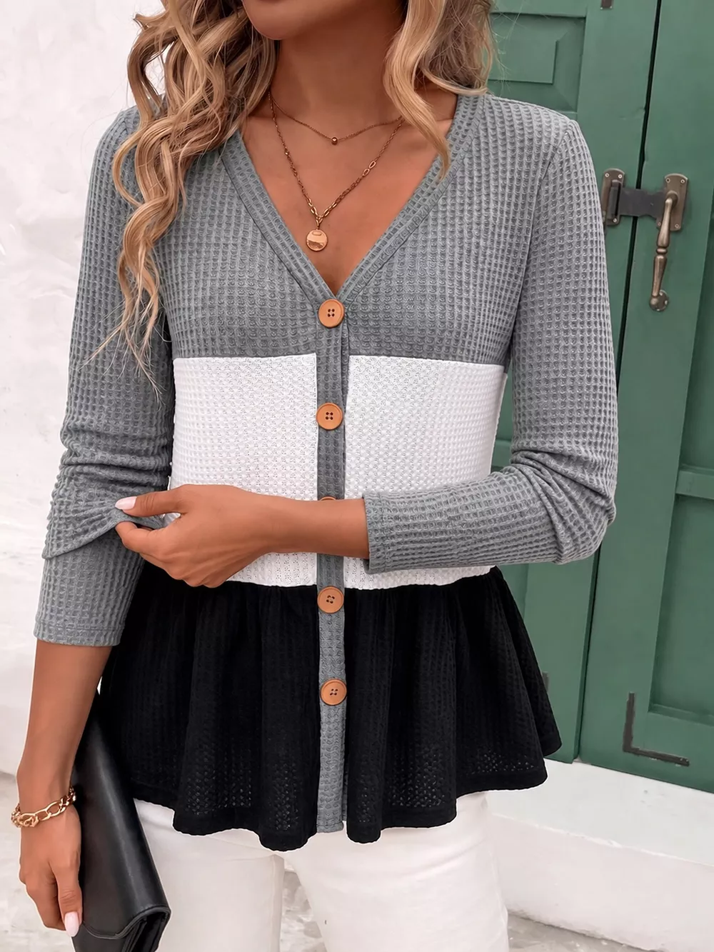 Color Block Waffle Knit Button-Down Cardigan, image 5