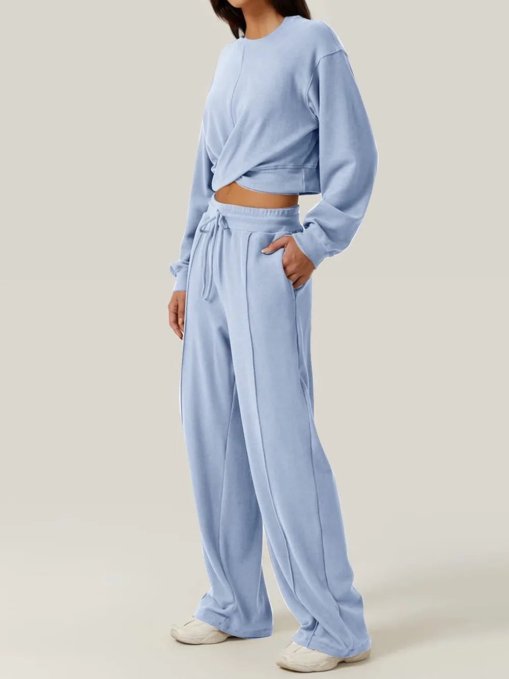 Crisscross Round Neck Top and Drawstring Pants Set, image 16