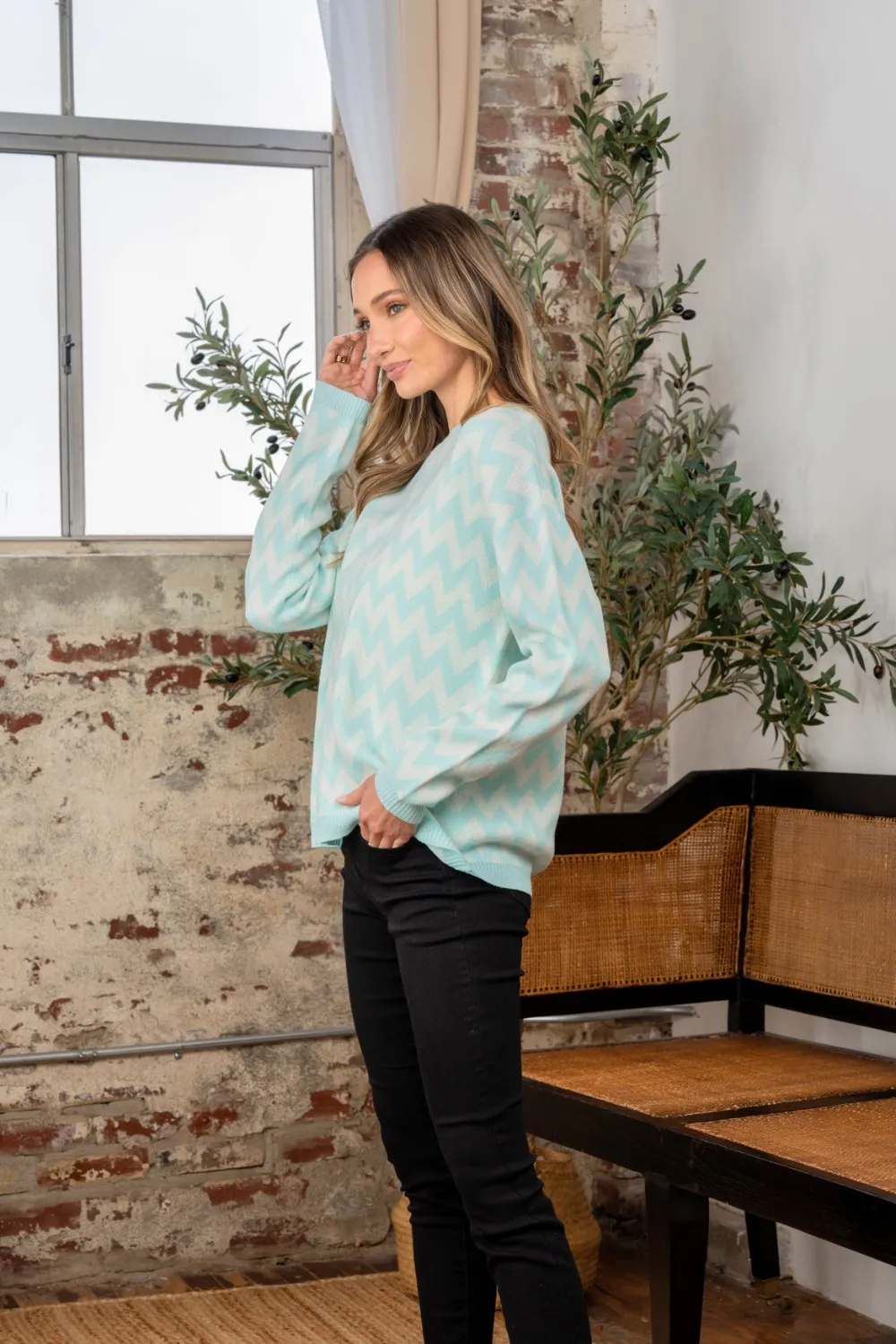 Full Size Wave Stripe Contrast Long Sleeve Sweater, image 3