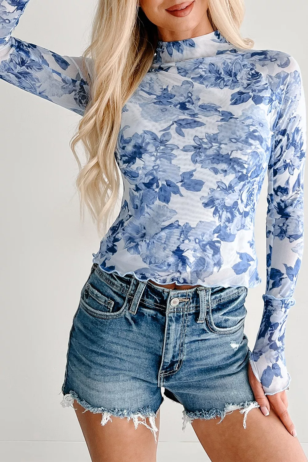 Floral Print Long Sleeve Stand Neck Mesh Top, image 3