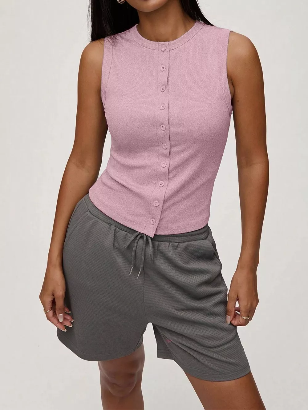 Ribbed Button-Front Sleeveless Tank, image 7